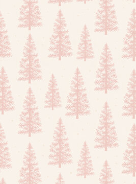 Subtle pastel pink seamless pattern of pine and fir Christmas trees with tiny stars on neutral beige background.