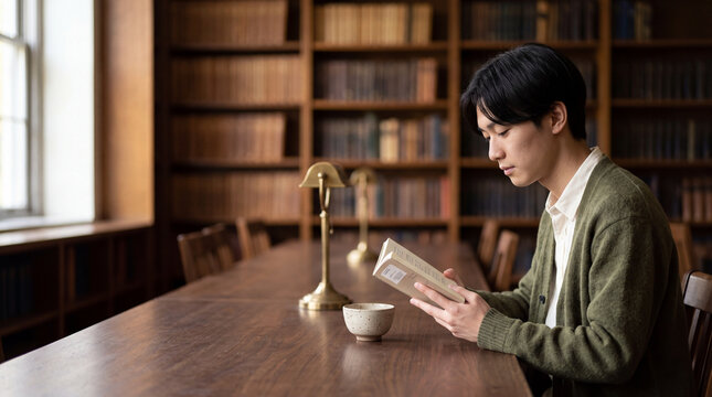 図書館のクラシックな机で静かに本を読む二十代男性 | 落ち着いた色調