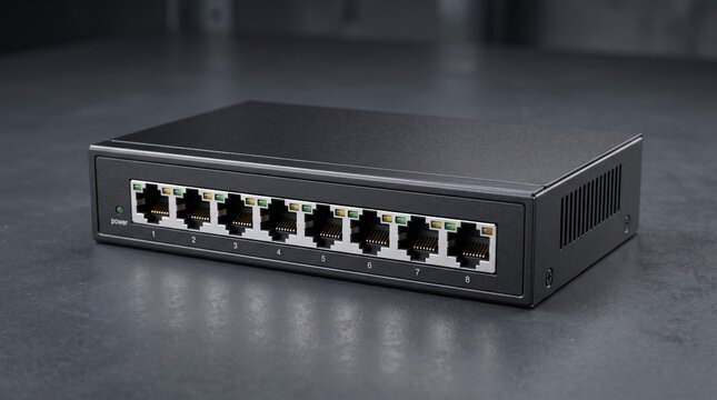 Industrial network switch with 8 ethernet ports, black metal router hub for high speed internet, professional IT hardware for server room