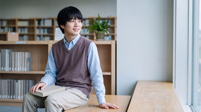 図書館のベンチで本を手に穏やかに微笑む二十代男性 | ナチュラル