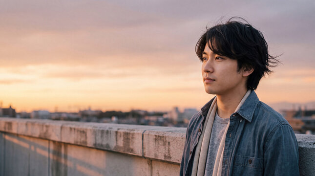 夕焼けに染まる屋上で風に吹かれ佇む二十代の男性 | 茜色の空
