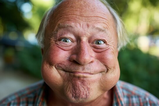 Senior man with puffed cheeks and sly smile outdoors