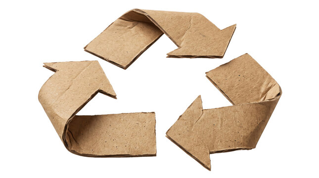 Recycled cardboard recycling symbol on white background, eco friendly paper arrow icon, sustainable brown packaging concept