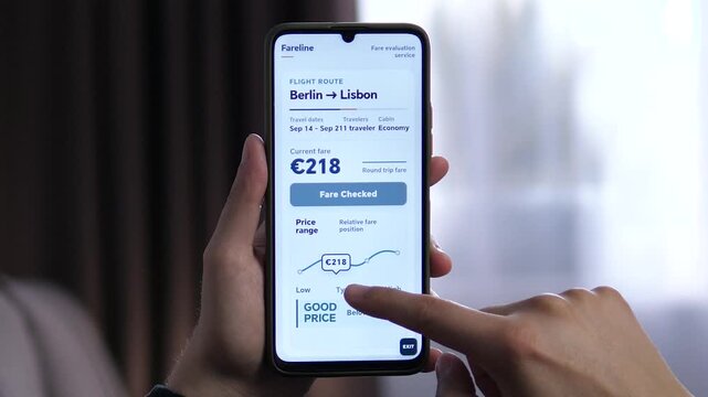 Traveler checks airfare on a smartphone and compares current ticket cost with typical price levels, highlighting smart travel planning, fare tracking and digital booking decisions.