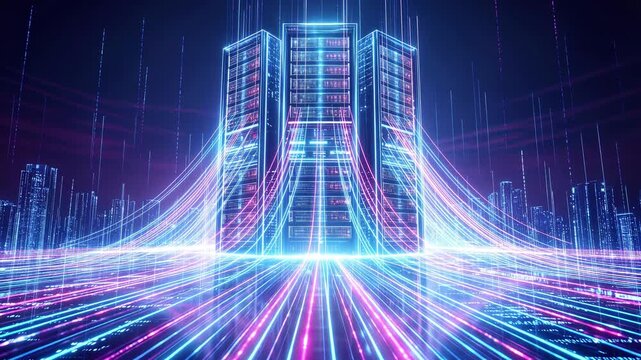 Server towers transmitting high speed optical data streams across digital smart city network. Conceptual cloud computing infrastructure. Lockdown shot with slight vertical tilt.