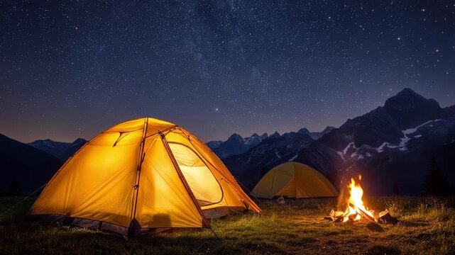 Illuminated camping tents glowing beside crackling campfire on mountain meadow under starry night sky. Outdoor tourism and wilderness adventure concept. Static shot.