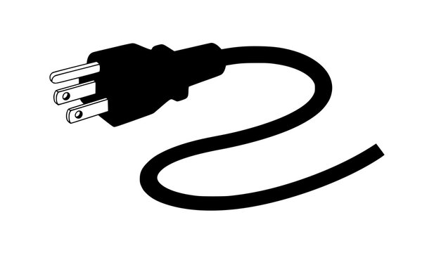 Three pin electric power plug cable cord silhouette icon isolated on white background for energy technology