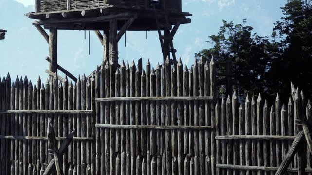 A rugged wooden stockade stands tall, protecting a historic area from outside threats. A nearby lookout tower adds to the scenes charm, nestled against a backdrop of vibrant greenery and clear skies.