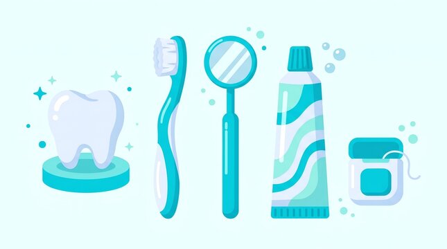 Flat vector illustration of dental care set with tooth, toothbrush, dental mirror, toothpaste and dental floss on light blue background
