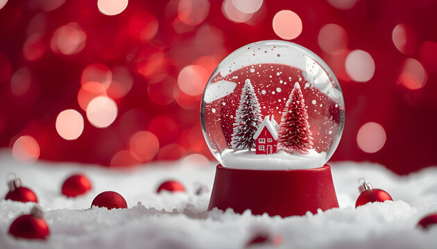 snow globe with christmas scene on frozen ground and red baubles