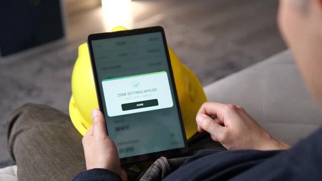 Worker adjusts office climate zone on tablet, applying temperature and comfort settings in a commercial building energy management system for efficient HVAC control.