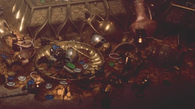 Buried treasure glows in the dim light, with gold coins scattered across ornate plates. Silver goblets and jewels add to the allure of this ancient hoard, sparking curiosity and wonder.