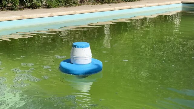 Floating chlorine dispenser sits in dirty green swimming pool water affected by algae, illustrating pool cleaning, chemical treatment, sanitation and neglected maintenance, close-up view
