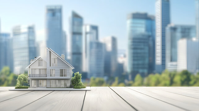 A mockup of a private house on a wooden floor against a backdrop of business centers and a clear sky