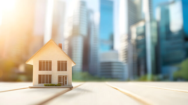 A mockup of a private house on a wooden floor against a backdrop of business centers and a clear sky
