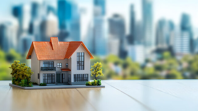 A mockup of a private house on a wooden floor against a backdrop of business centers and a clear sky
