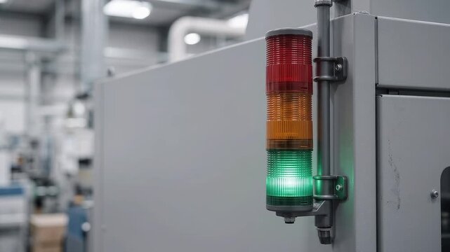 Industrial stack signal light transitioning from red warning status to green operational light on factory machine
