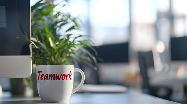 A white office mug with the inscription "Teamwork" stands on an office desk against a backdrop of workspaces on a clear day