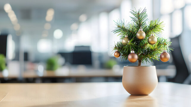 A small Christmas tree decorated with Christmas baubles on an office desk in a business center workroom