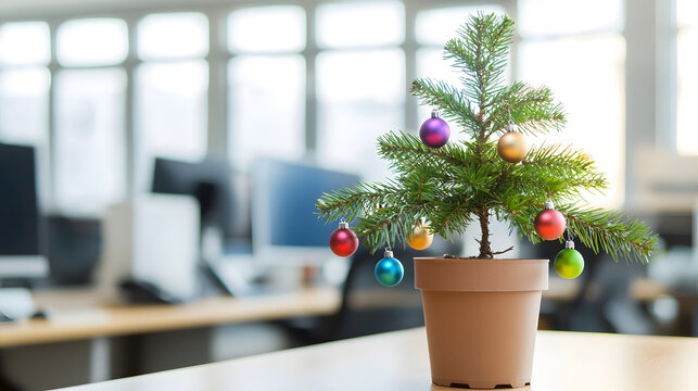 A small Christmas tree decorated with Christmas baubles on an office desk in a business center workroom