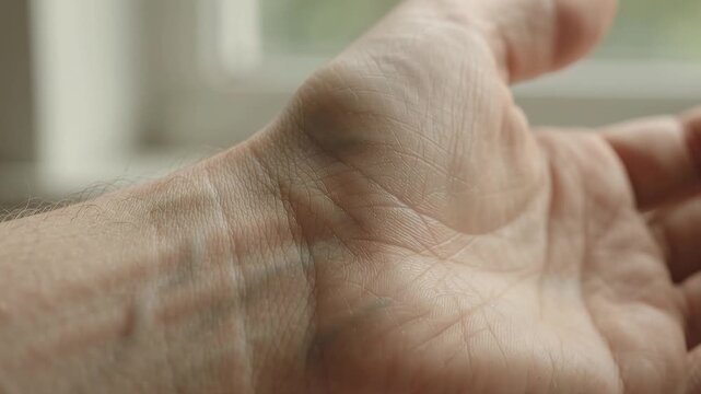 Close Up of Pulsing Blue Veins and Wrist Creases on Human Arm by Window