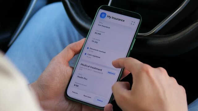 Customer reviews auto, health and property insurance claim history on a smartphone, highlighting digital claims management, payouts and the shift toward mobile self-service.