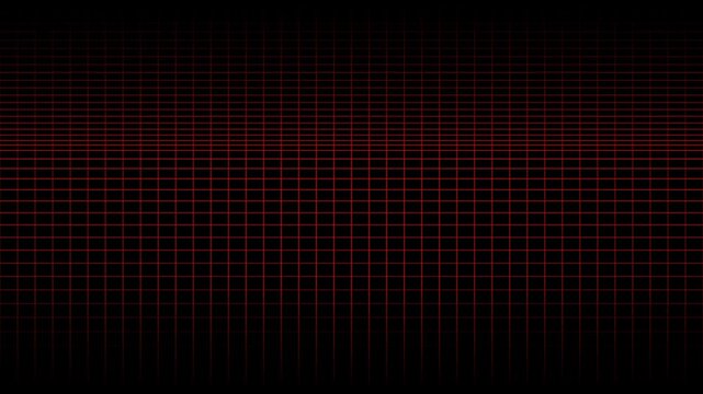 Red glowing grid lines moving across dark black background creating perspective motion effect for futuristic technology digital interface and abstract motion graphics video backdrop for modern creativ