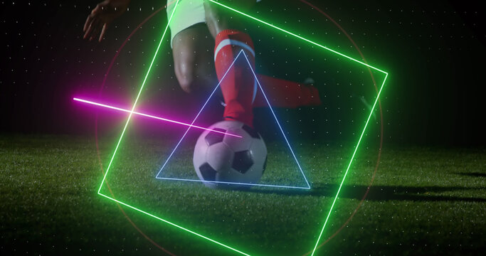 Image of neon scanner processing data over football player kicking ball