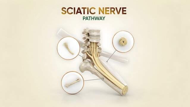 Sciatic nerve pathway image on human skeleton model with closeups