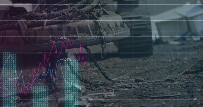Operating industrial machinery on construction site, financial graph showing progress