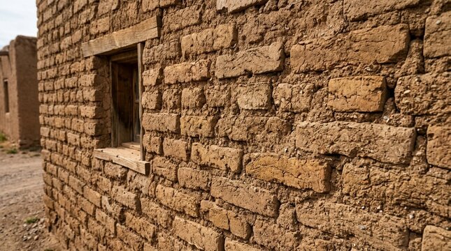 Rough adobe brick wall texture with small window, weathered surface, old building exterior