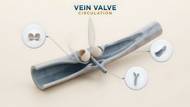 Vein valve circulation diagram with cross-sectional anatomy