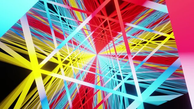 New red yellow blue and cyan rotated sci fi triangle with figure tunnel VJ loop animation