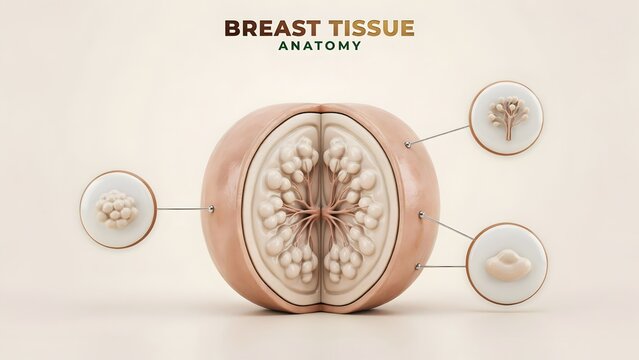 Breast tissue anatomy diagram showing internal structure with detailed callout circular icons