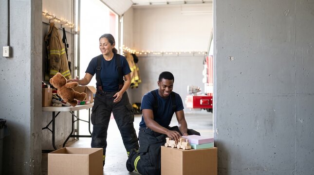 Smiling male and female firefighters organizing a charity toy drive, packing a teddy bear and wooden train into cardboard boxes inside a fire station
