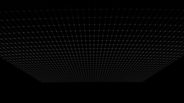 Digital grid perspective with glowing white dots and connecting lines moving across a deep black background representing data flow connectivity technology network infrastructure and abstract virtual s