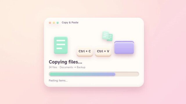 Soft 3D clay-style animation of a file copy window: a document sends pages to a purple folder while Ctrl+C and Ctrl+V keys press and a progress bar fills.