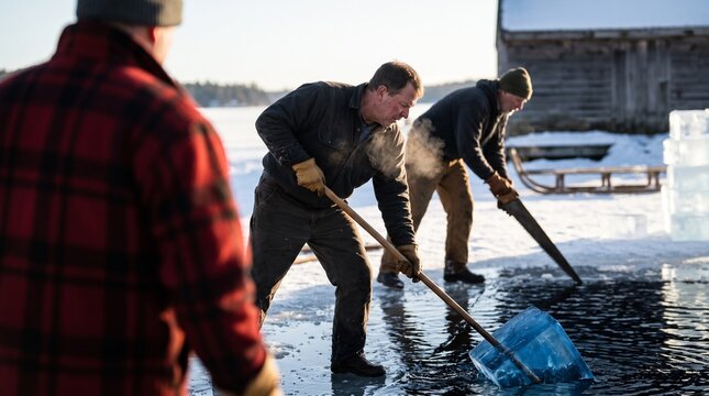 Men harvesting ice blocks from a frozen lake using traditional hand tools during a cold winter day with an ice house in the background