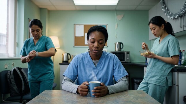 Exhausted female nurse in blue scrubs holding a warm mug with eyes closed while diverse colleagues take a break in a worn hospital staff room