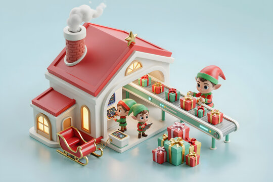3d isometric scene of santa workshop with elves on a conveyor belt packing christmas gifts inside a house with a red roof and chimney