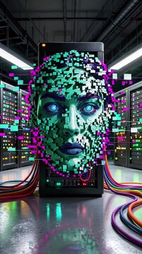 Digital human face glitching on server rack in data center. Artificial intelligence concept with glowing eyes and pixelated distortion. Lockdown shot.