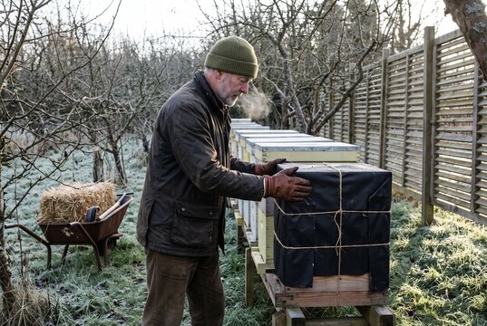 Senior male beekeeper insulating a wooden beehive with a black protective cover and twine during a frosty winter morning in a rural orchard