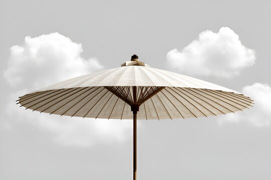 Traditional bamboo parasol with paper canopy against a cloudy sky