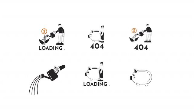 Savings growth loading and 404 error black and white line animation pack. Piggy bank with coin. Investors with capital. Money plant watering animated outline 4K video set on transparent background