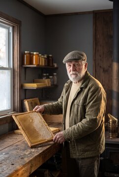 Portrait of an elderly bearded beekeeper holding a wooden honeycomb frame in a rustic workshop with glass honey jars on shelves