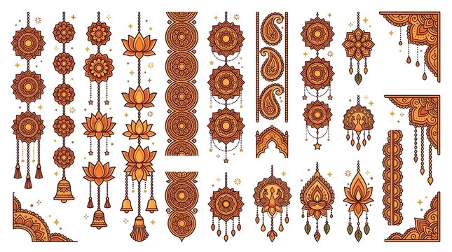 Traditional Indian Mandala Hanging Ornaments and Lotus Floral Decorative Border Design