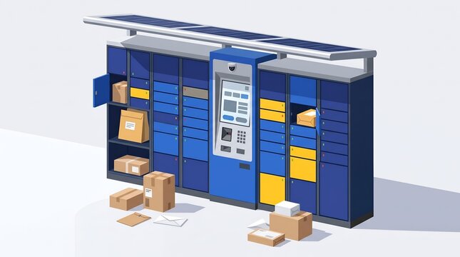 Isometric vector illustration of automated parcel locker terminal with cardboard boxes, self-service package delivery station