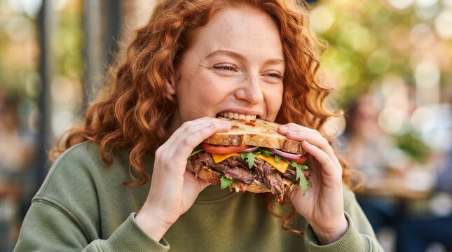 Ginger woman eating a large sandwich with steak and fresh vegetables in a park. Happy female enjoying a gourmet lunch outdoors. Casual lifestyle and healthy diet concept for lifestyle