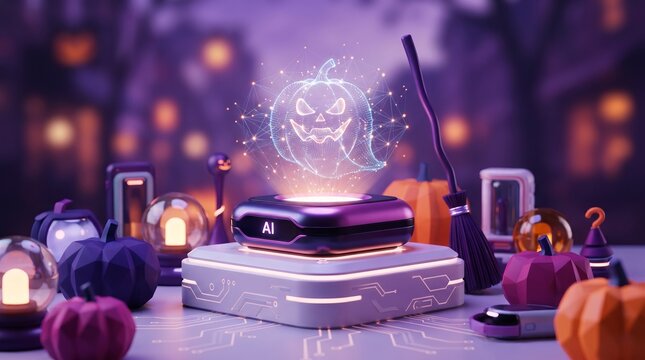 Artificial intelligence device projecting a digital jack-o-lantern hologram among pumpkins and witch props. Halloween technology concept with futuristic innovation and cybernetic magic