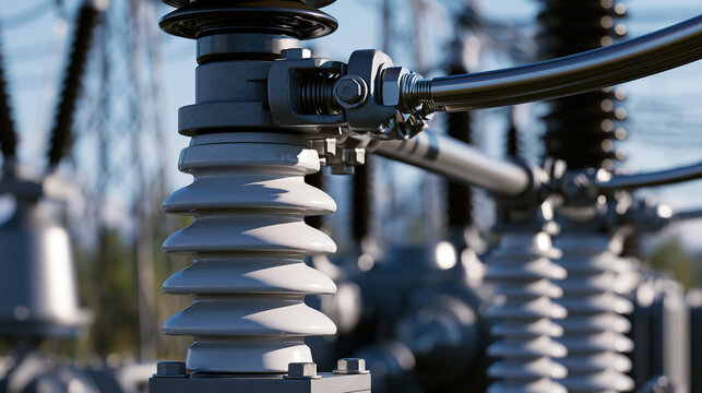 Close-up of high voltage electric porcelain insulators and metal connections in a substation. Concept of power distribution and electrical grid infrastructure.